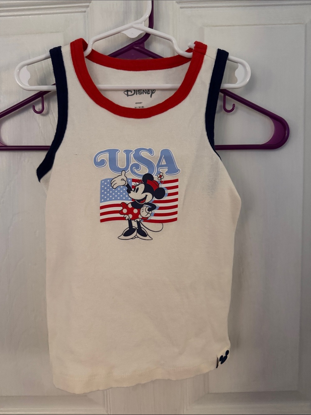 Disney White Tank Top with Red & Navy Trim featuring Minnie Mouse USA Graphic